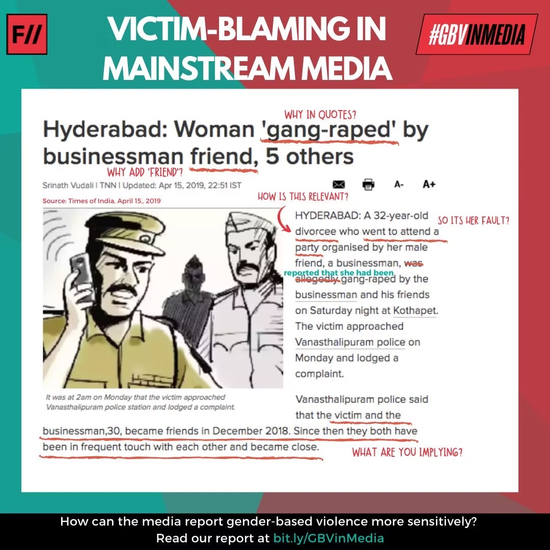 Victim-blaming in mainstream media — annotated news article highlighting harmful reporting language